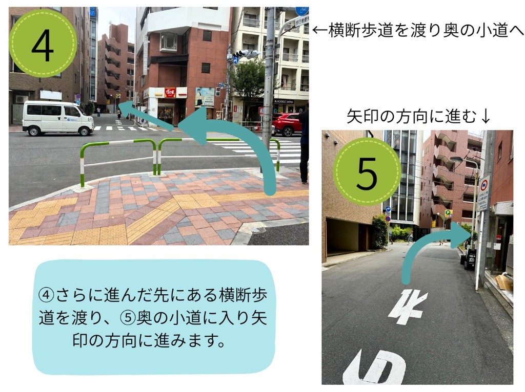 すき家の角の横断歩道を渡り、奥の小道に入って進む案内。