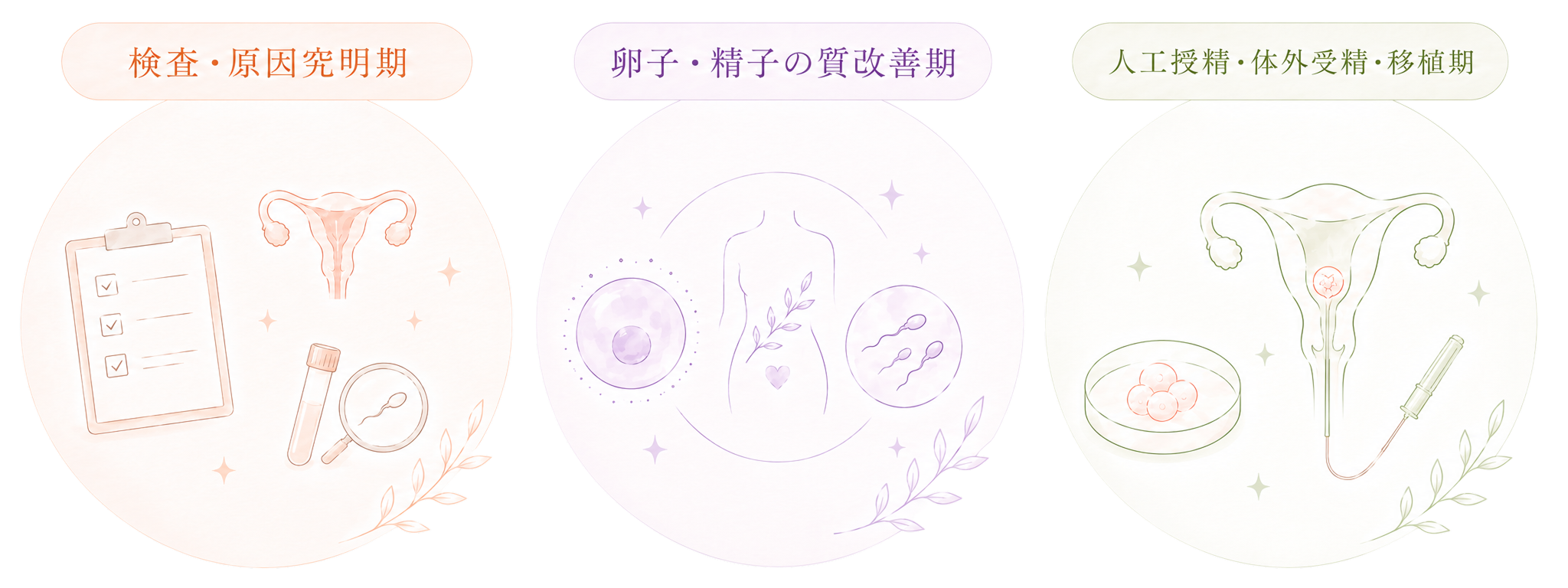 医療段階別の鍼灸ケア:検査・原因究明期、卵子・精子の質改善期、人工授精・体外受精・移植期