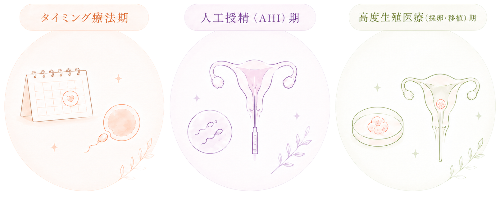 タイミング療法期・人工授精（AIH）期・高度生殖医療（採卵・移植）期を説明するイラスト。