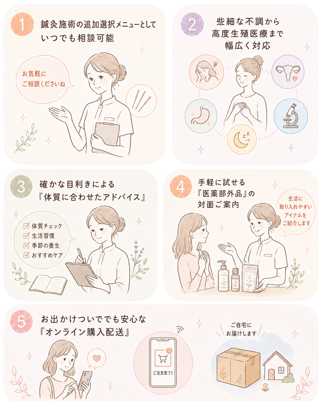 鍼灸施術と合わせて漢方を相談できることを示すイラスト。施術者がお気軽にご相談くださいと案内している。